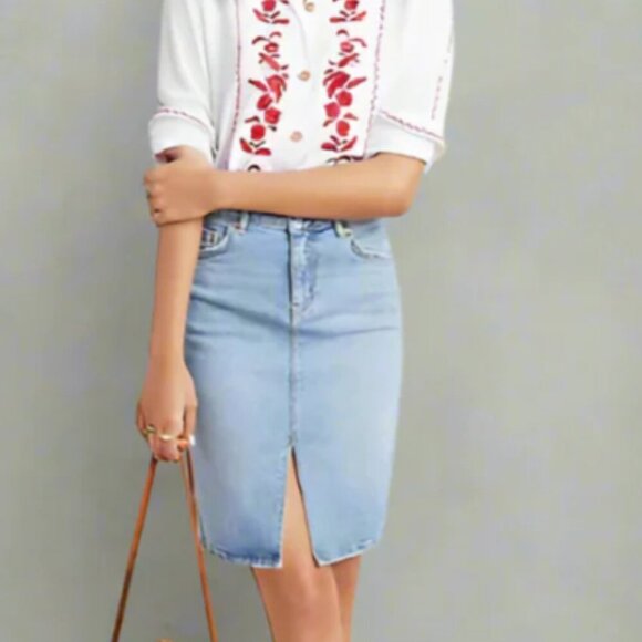 Anthropologie Pilcro Denim Skirt Womens 0 Blue Pencil Faded Slim Short Straight - Picture 1 of 5